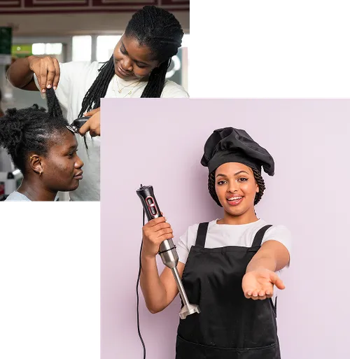 Owner styling a hair